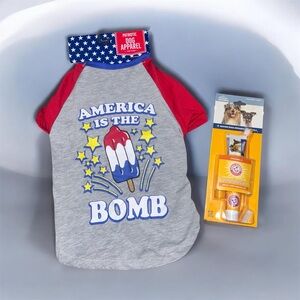 Sz L Patriotic 'America Is The Bomb' Red & Gray Dog Tee with Dental kit